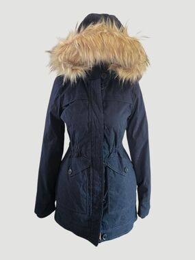 Hollister Navy Parka Jacket with Faux Fur Hood!